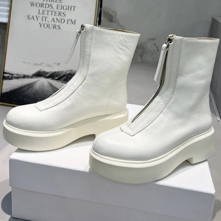 Women Cow Leather Front Zip Chelsea Boots