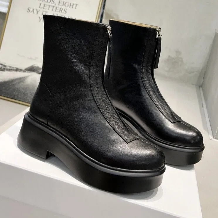 Women Cow Leather Front Zip Chelsea Boots