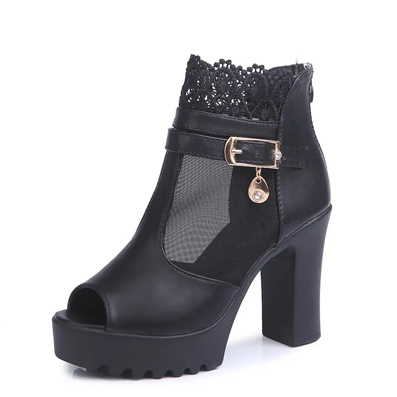 Women's Goth Boots Patchwork Hollow Lace Lolita Platform Chunky High Heel Lace Up Platform Party Boots