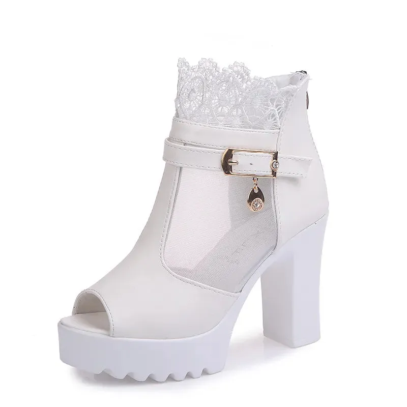 Women's Goth Boots Patchwork Hollow Lace Lolita Platform Chunky High Heel Lace Up Platform Party Boots