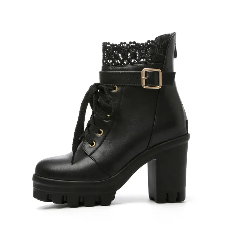 Women's Goth Boots Patchwork Hollow Lace Lolita Platform Chunky High Heel Lace Up Platform Party Boots