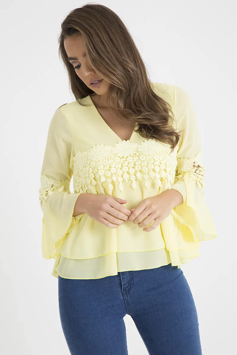 Yellow Crochet Detail Bell Sleeve Layered Top - Fiona
